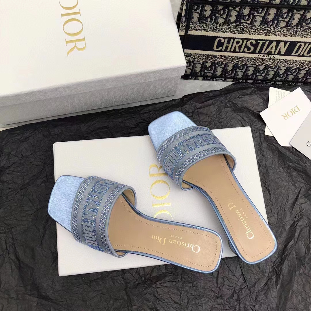 Dior Women CD Dway Heeled Slide Blue Cotton Embroidered Metallic Thread Strass
