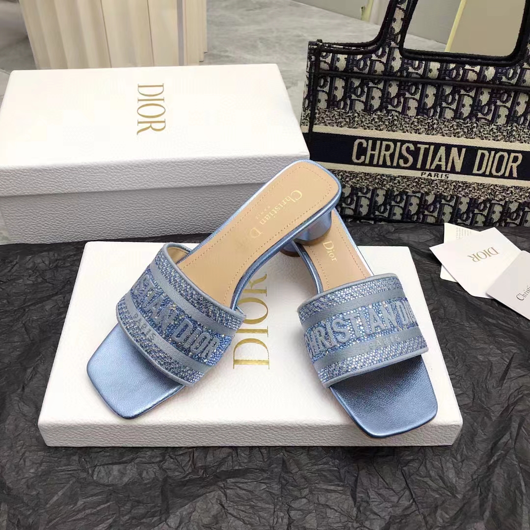 Dior Women CD Dway Heeled Slide Blue Cotton Embroidered Metallic Thread Strass
