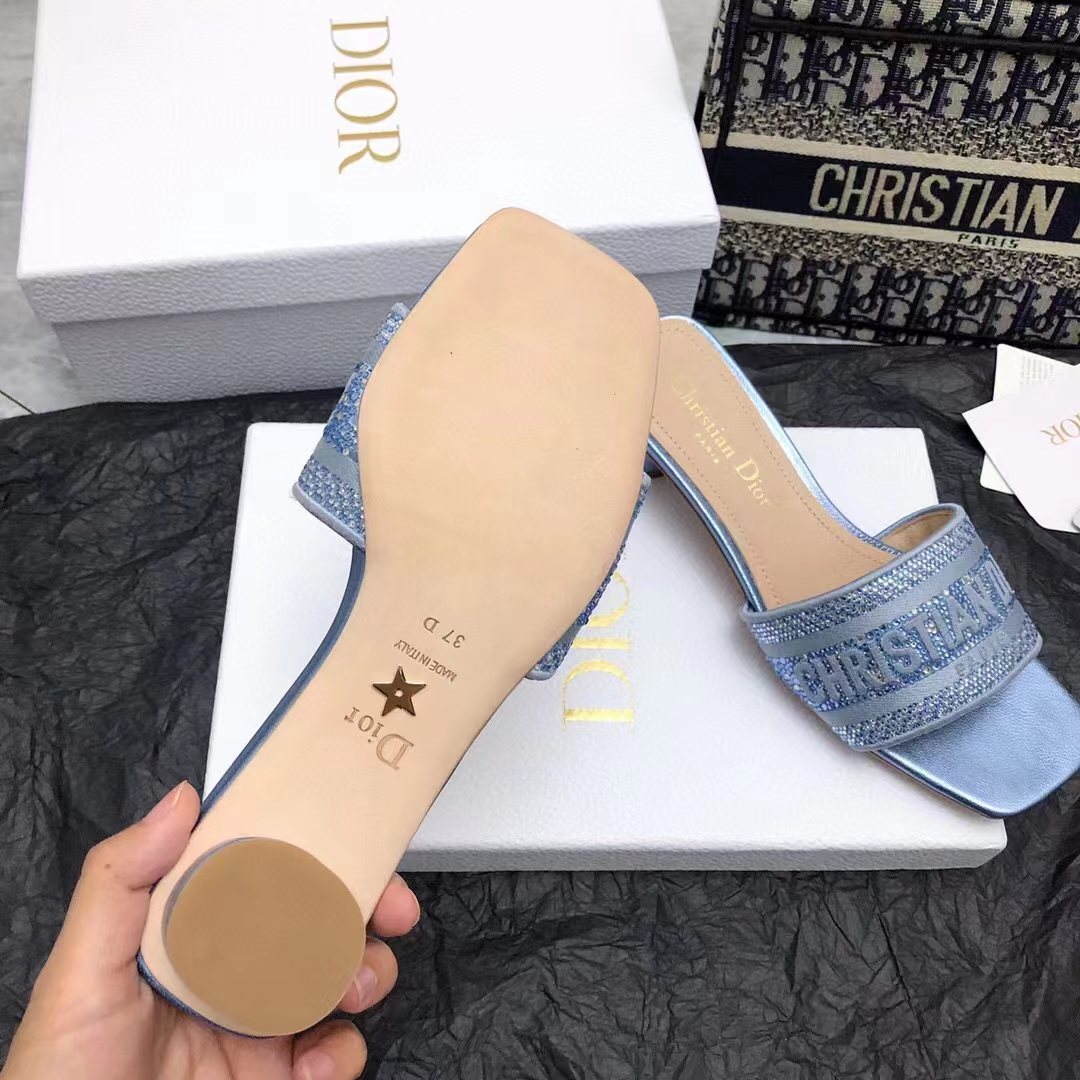 Dior Women CD Dway Heeled Slide Blue Cotton Embroidered Metallic Thread Strass