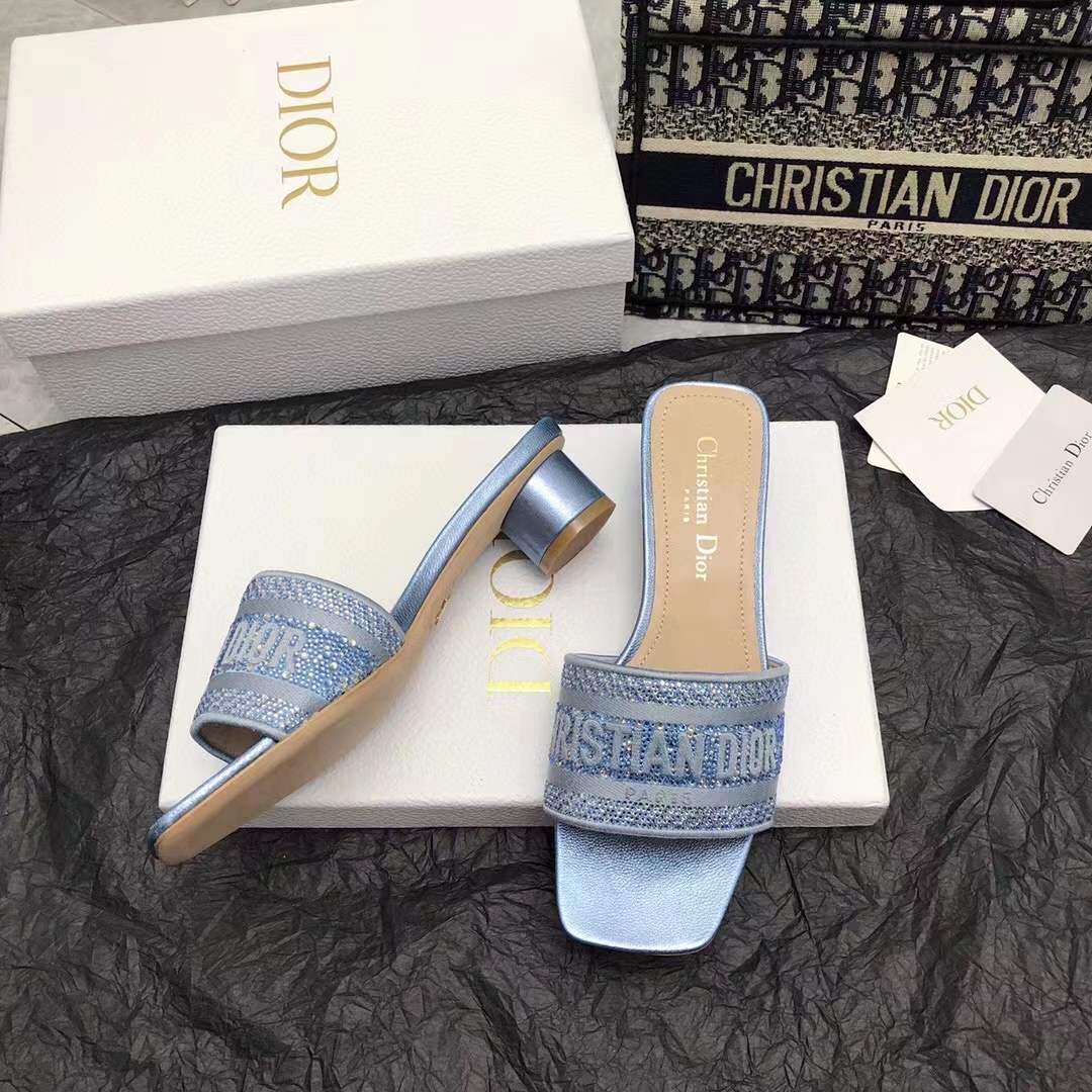 Dior Women CD Dway Heeled Slide Blue Cotton Embroidered Metallic Thread Strass