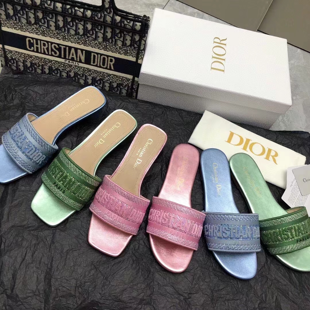 Dior Women CD Dway Heeled Slide Green Cotton Embroidered Metallic Thread Strass