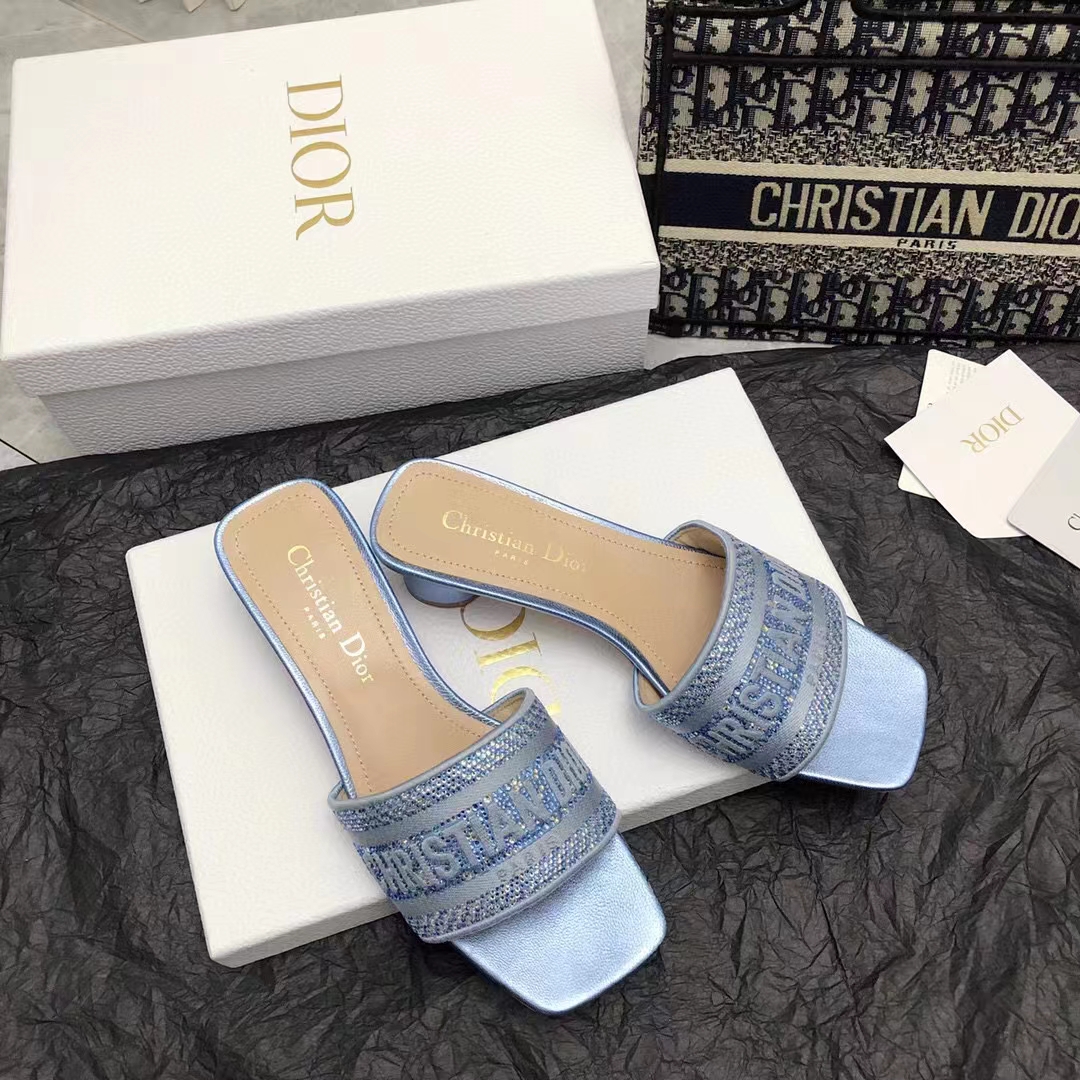 Dior Women CD Dway Heeled Slide Blue Cotton Embroidered Metallic Thread Strass