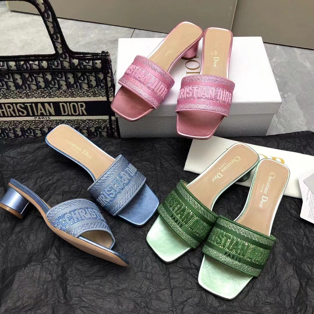 Dior Women CD Dway Heeled Slide Green Cotton Embroidered Metallic Thread Strass