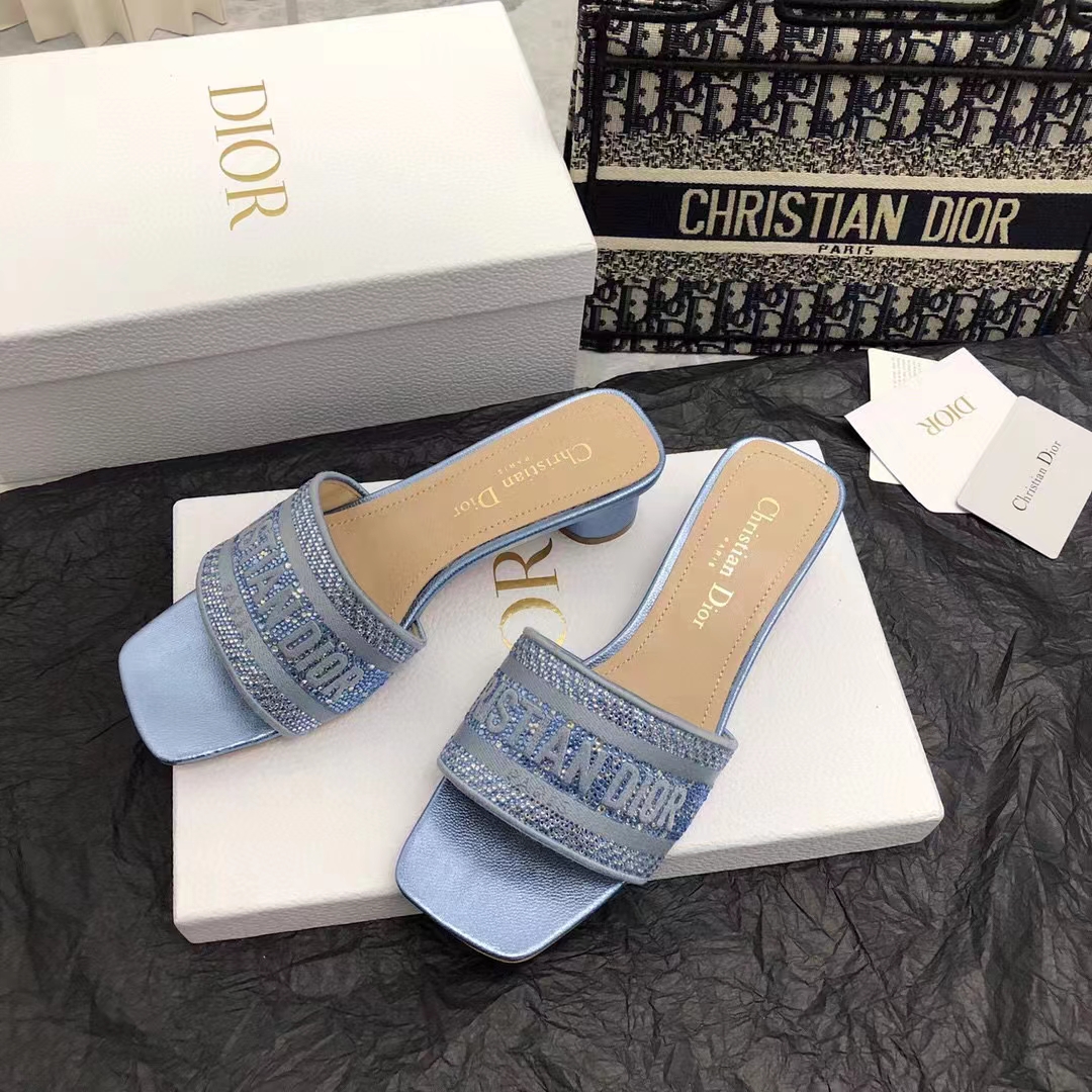 Dior Women CD Dway Heeled Slide Blue Cotton Embroidered Metallic Thread Strass