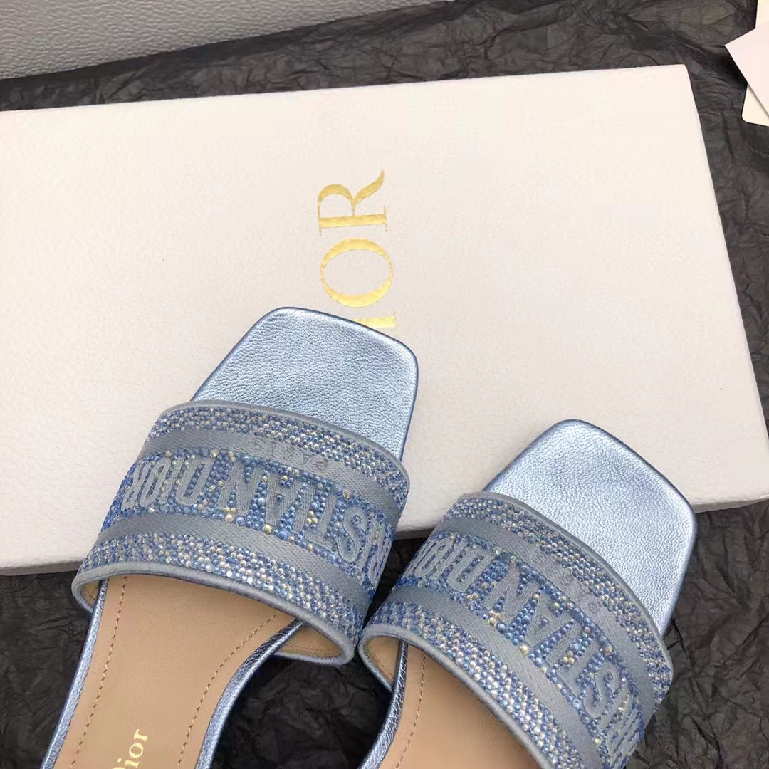 Dior Women CD Dway Heeled Slide Blue Cotton Embroidered Metallic Thread Strass