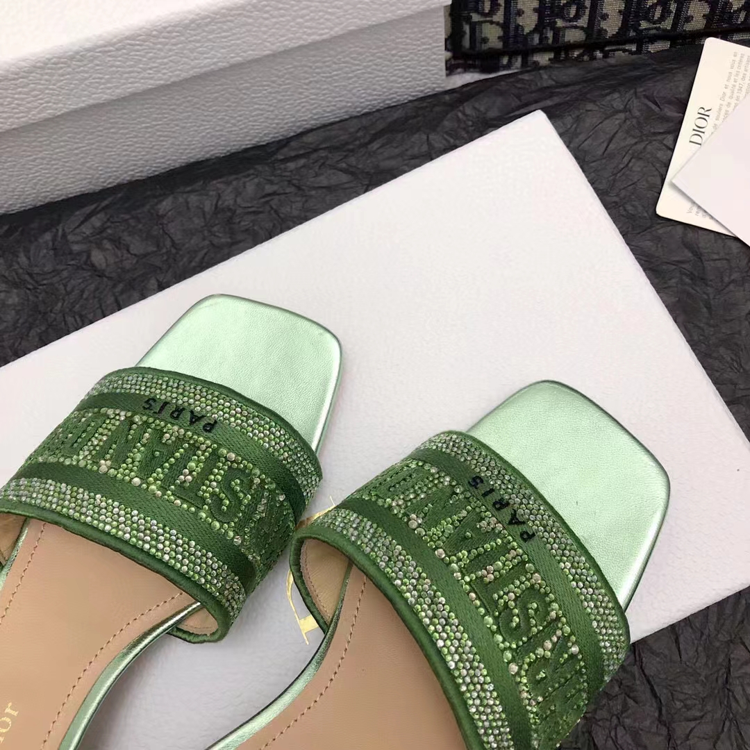 Dior Women CD Dway Heeled Slide Green Cotton Embroidered Metallic Thread Strass