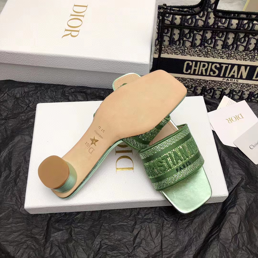 Dior Women CD Dway Heeled Slide Green Cotton Embroidered Metallic Thread Strass