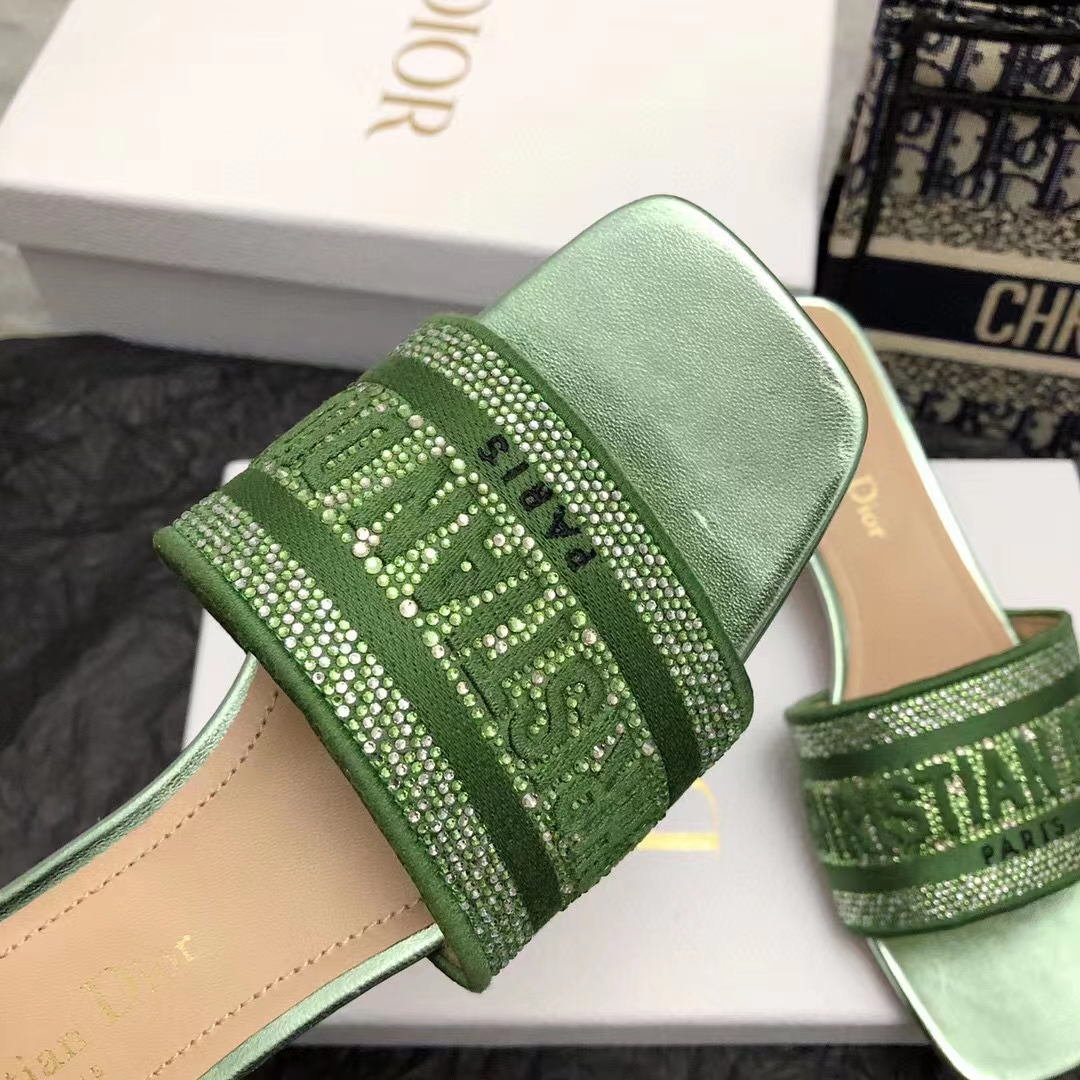 Dior Women CD Dway Heeled Slide Green Cotton Embroidered Metallic Thread Strass