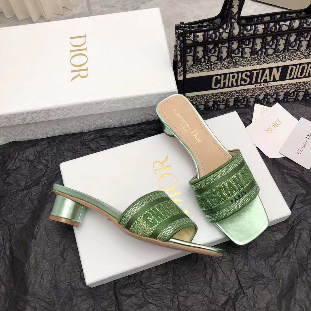 Dior Women CD Dway Heeled Slide Green Cotton Embroidered Metallic Thread Strass