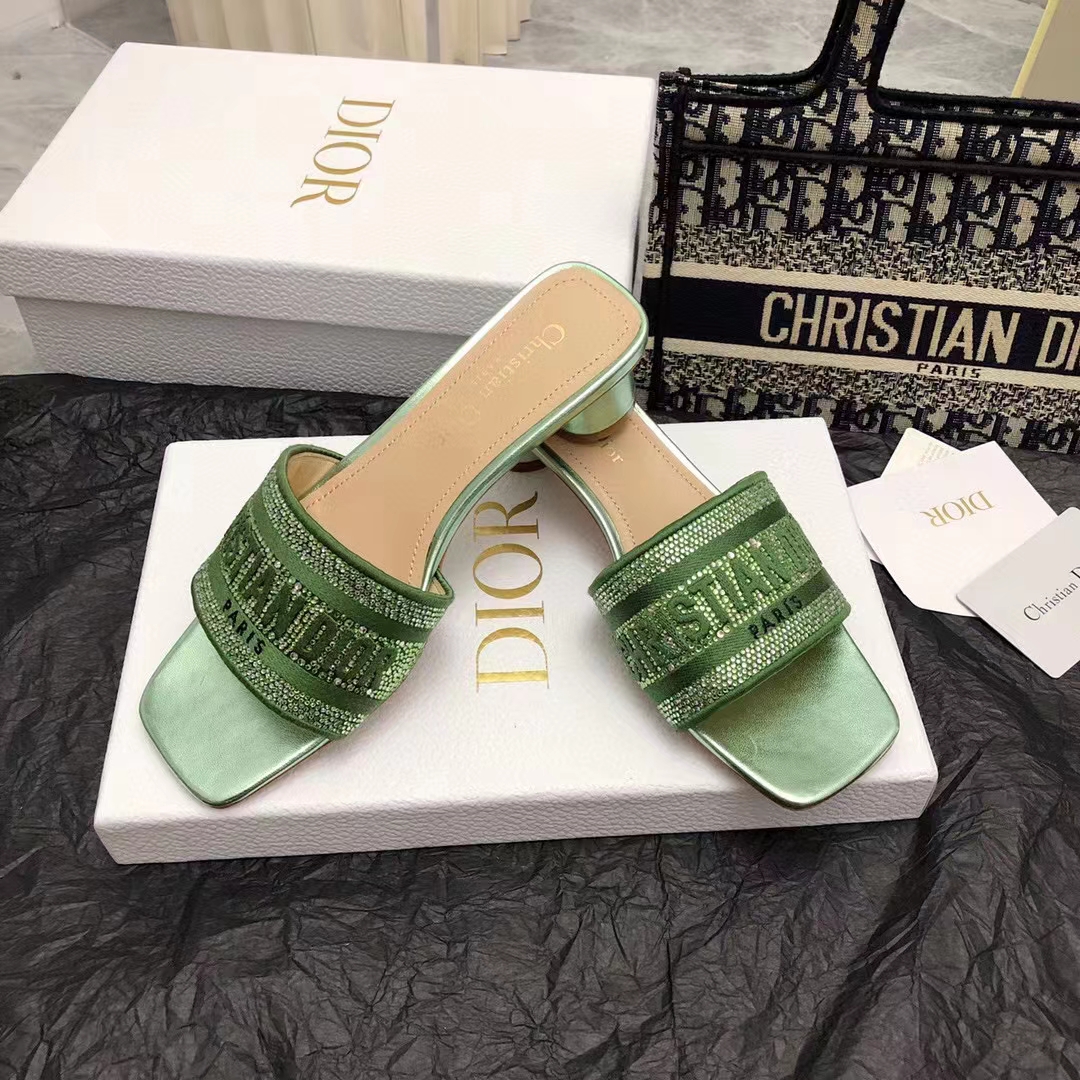 Dior Women CD Dway Heeled Slide Green Cotton Embroidered Metallic Thread Strass