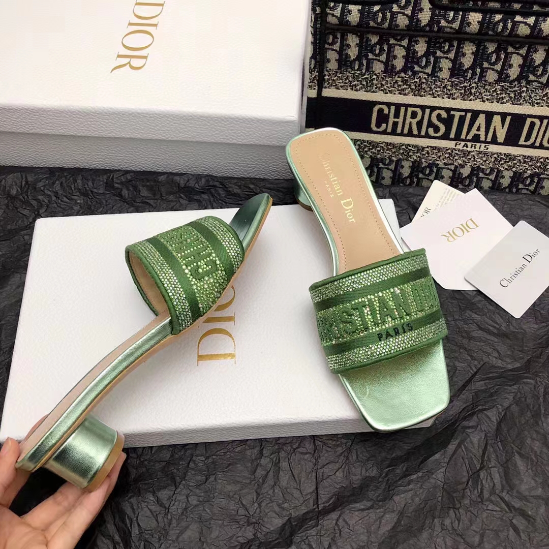 Dior Women CD Dway Heeled Slide Green Cotton Embroidered Metallic Thread Strass