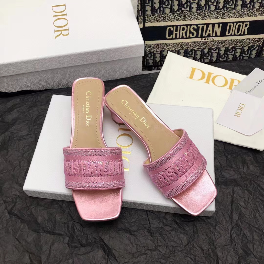Dior Women CD Dway Heeled Slide Pink Cotton Embroidered Metallic Thread Strass