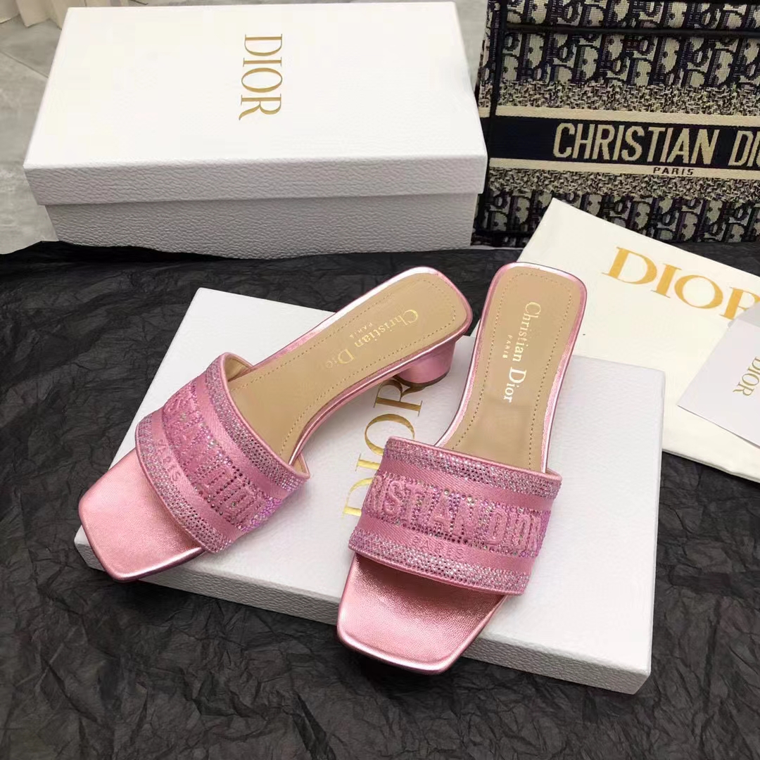 Dior Women CD Dway Heeled Slide Pink Cotton Embroidered Metallic Thread Strass