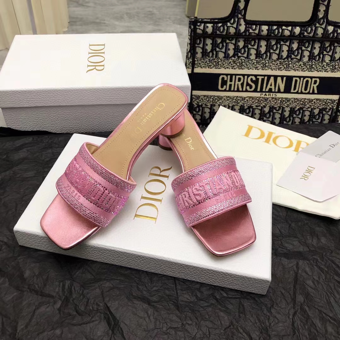 Dior Women CD Dway Heeled Slide Pink Cotton Embroidered Metallic Thread Strass