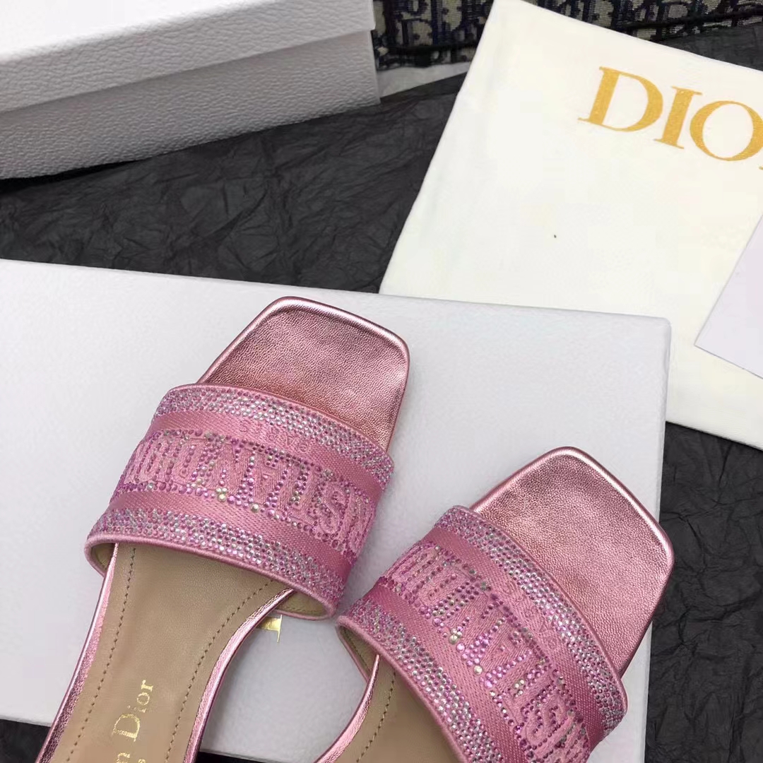 Dior Women CD Dway Heeled Slide Pink Cotton Embroidered Metallic Thread Strass