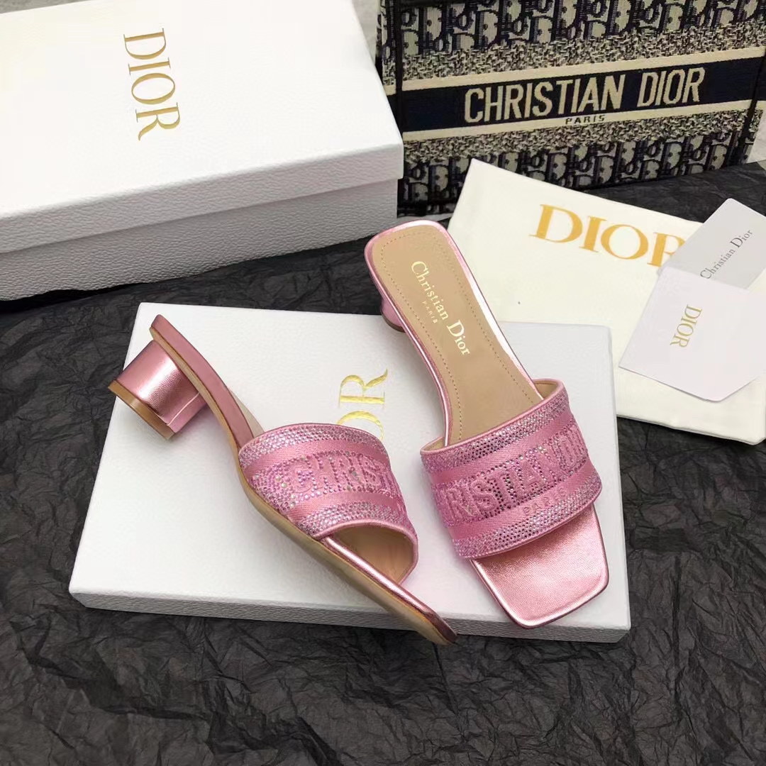 Dior Women CD Dway Heeled Slide Pink Cotton Embroidered Metallic Thread Strass