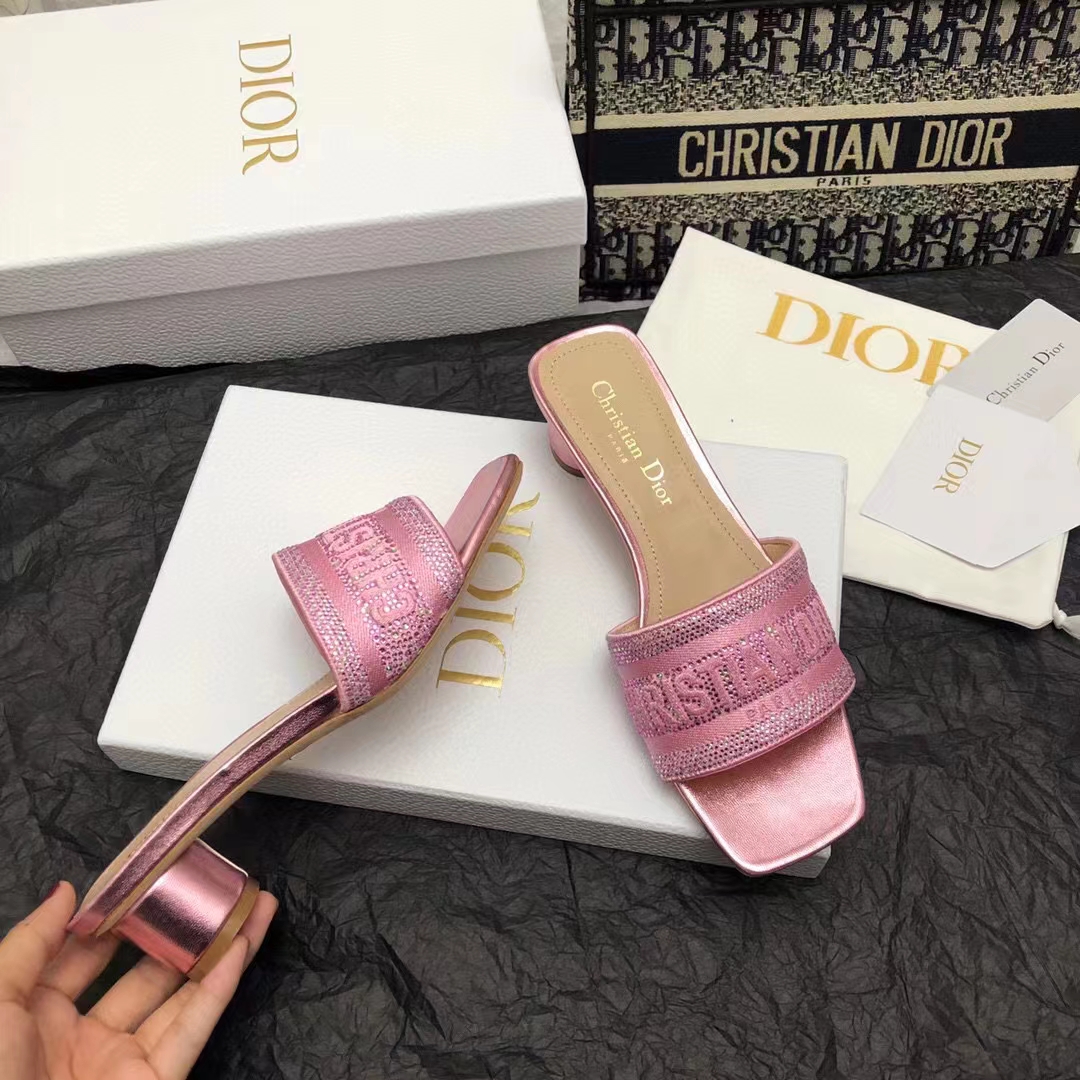 Dior Women CD Dway Heeled Slide Pink Cotton Embroidered Metallic Thread Strass