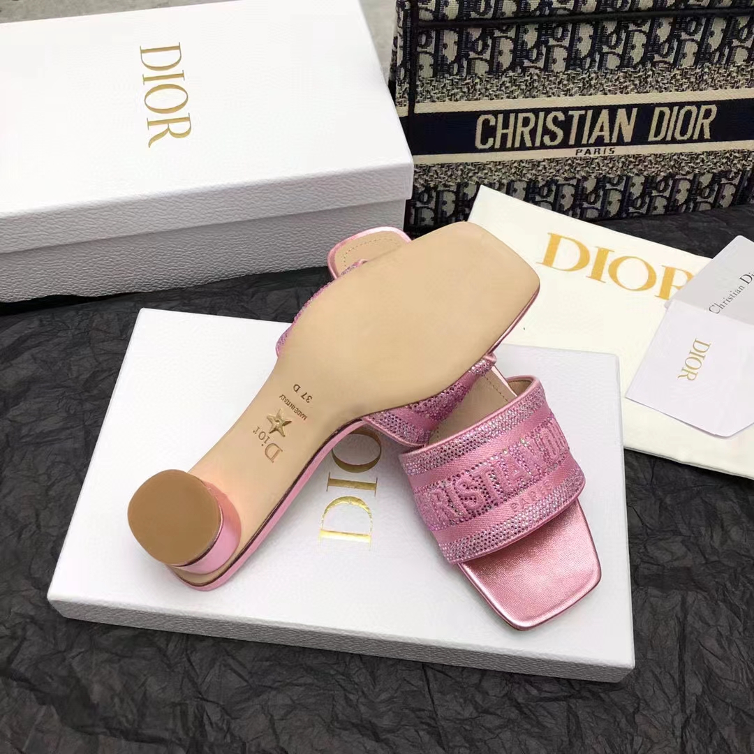 Dior Women CD Dway Heeled Slide Pink Cotton Embroidered Metallic Thread Strass
