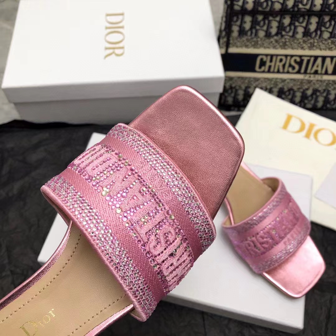 Dior Women CD Dway Heeled Slide Pink Cotton Embroidered Metallic Thread Strass