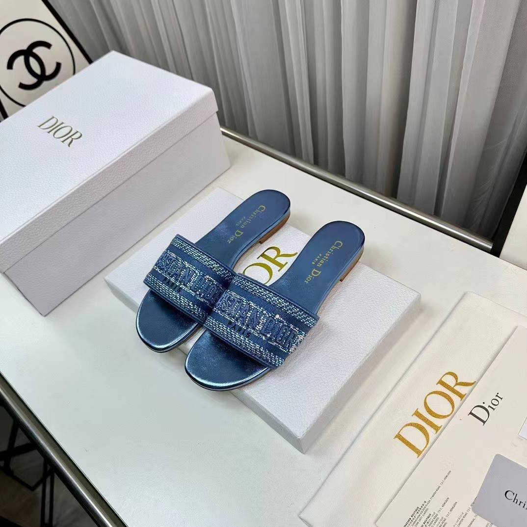 Dior Women CD Dway Slide Blue Cotton Embroidered Metallic Thread Strass