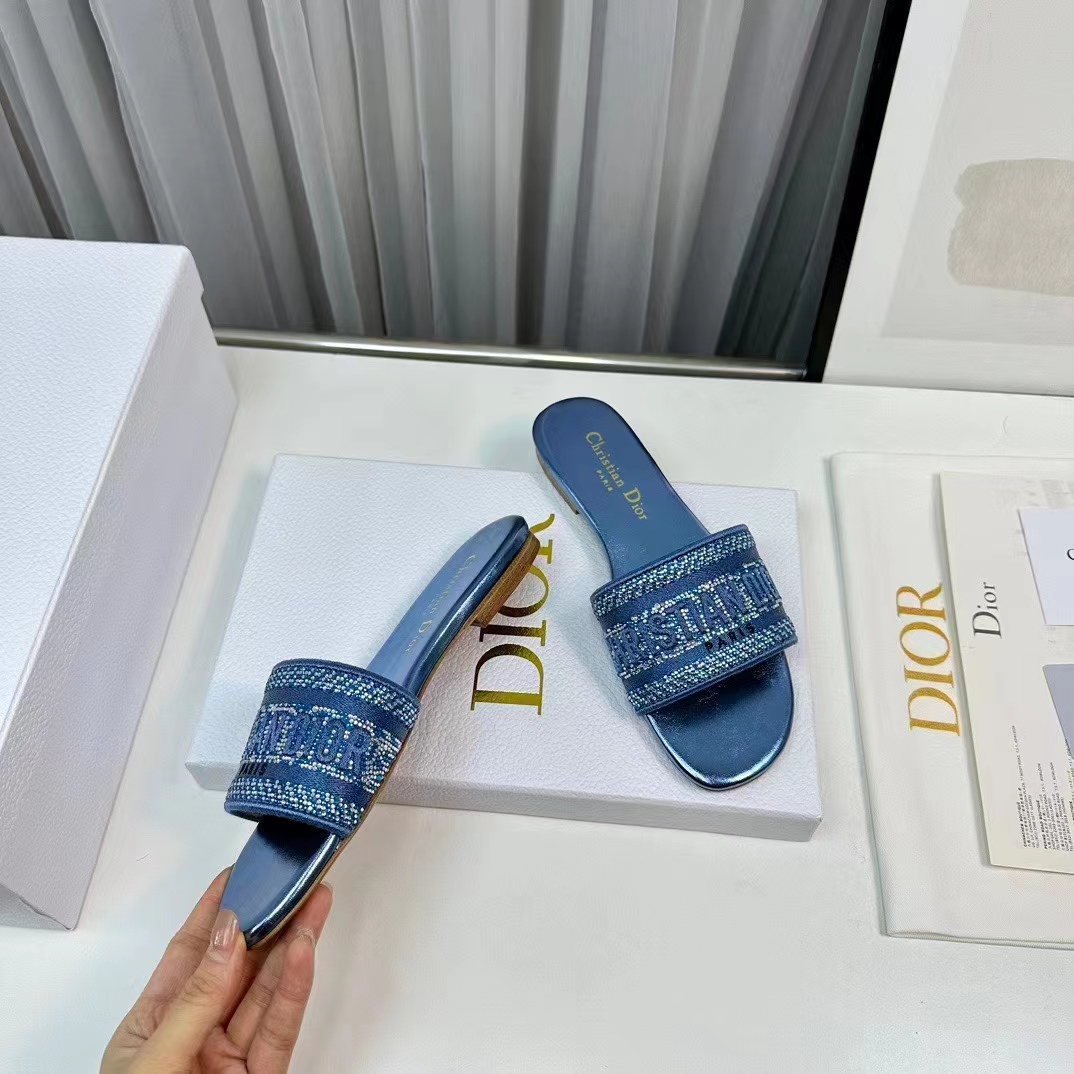 Dior Women CD Dway Slide Blue Cotton Embroidered Metallic Thread Strass