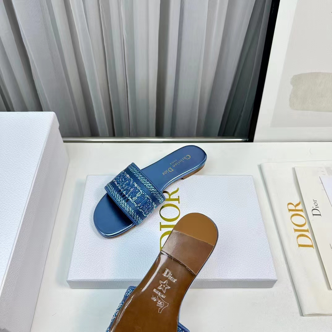 Dior Women CD Dway Slide Blue Cotton Embroidered Metallic Thread Strass