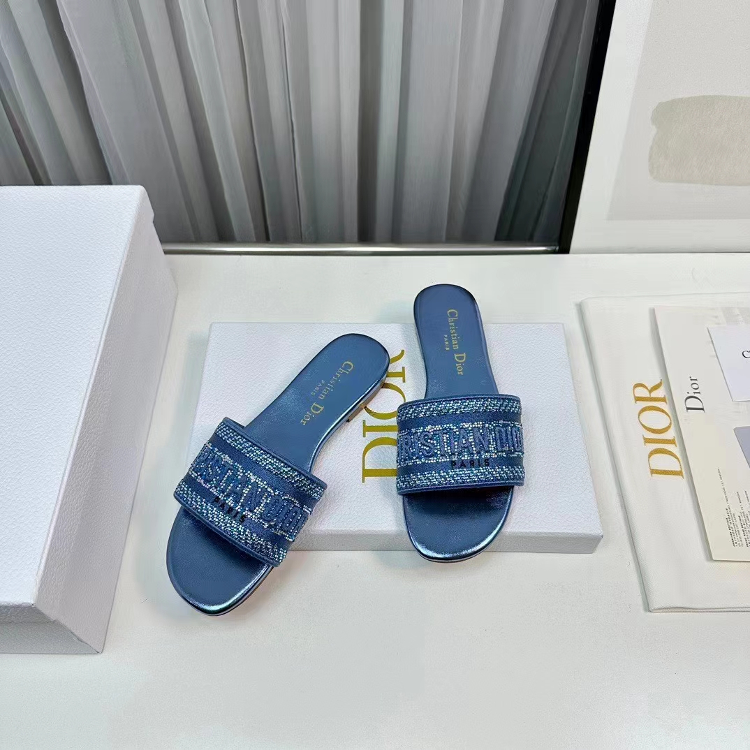 Dior Women CD Dway Slide Blue Cotton Embroidered Metallic Thread Strass