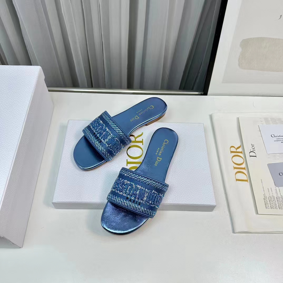 Dior Women CD Dway Slide Blue Cotton Embroidered Metallic Thread Strass