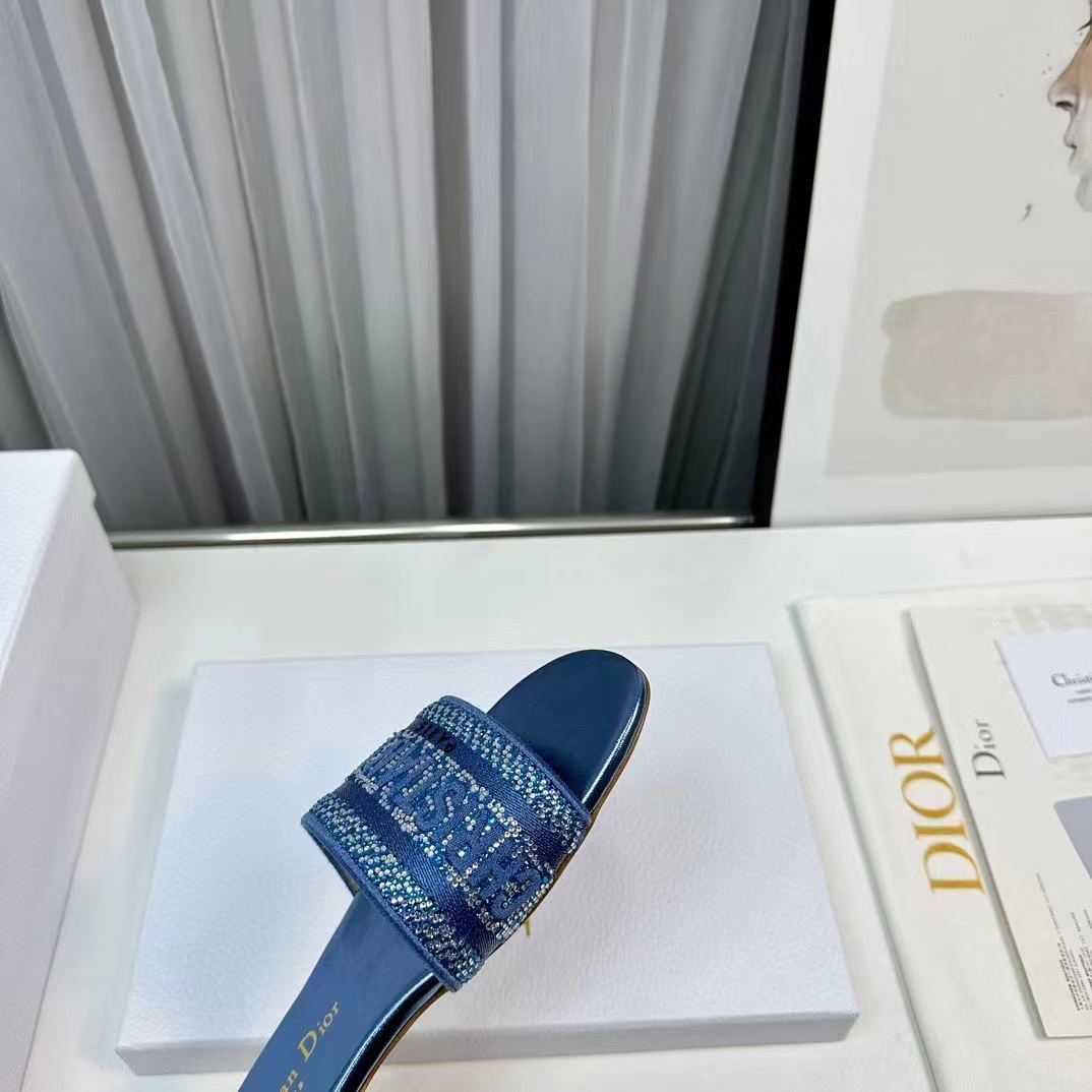 Dior Women CD Dway Slide Blue Cotton Embroidered Metallic Thread Strass