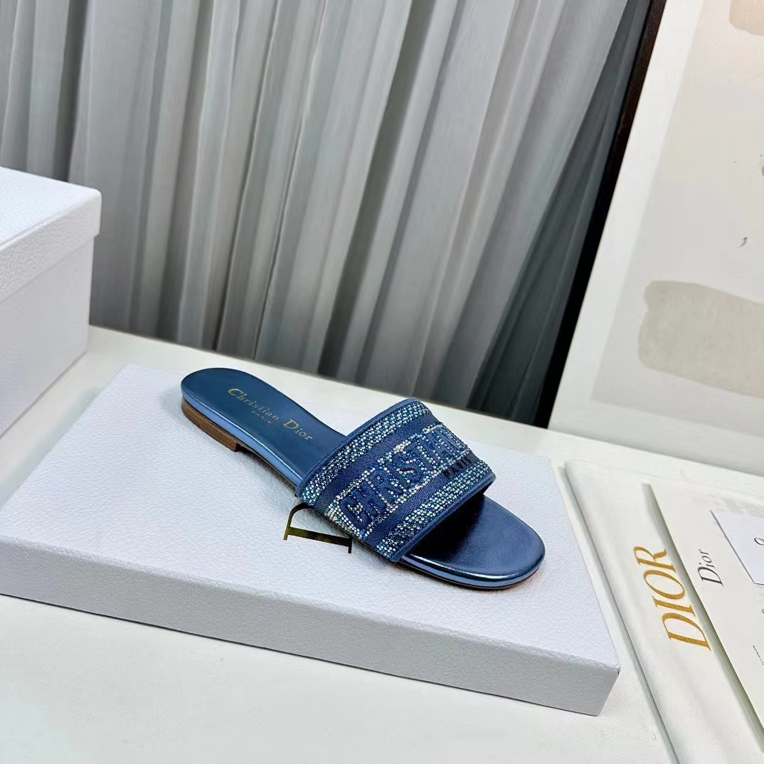 Dior Women CD Dway Slide Blue Cotton Embroidered Metallic Thread Strass