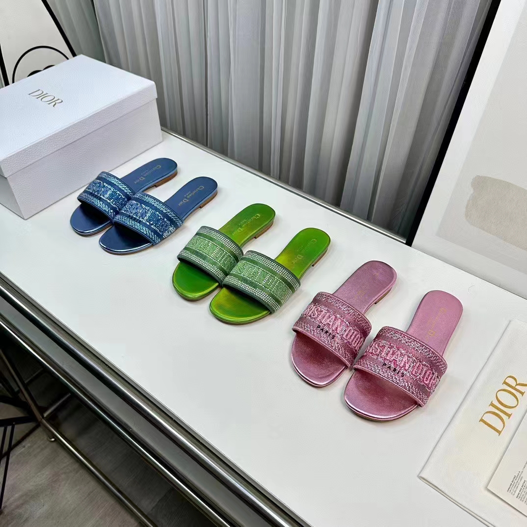 Dior Women CD Dway Slide Blue Cotton Embroidered Metallic Thread Strass