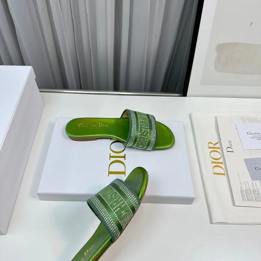 Dior Women CD Dway Slide Green Cotton Embroidered Metallic Thread Strass