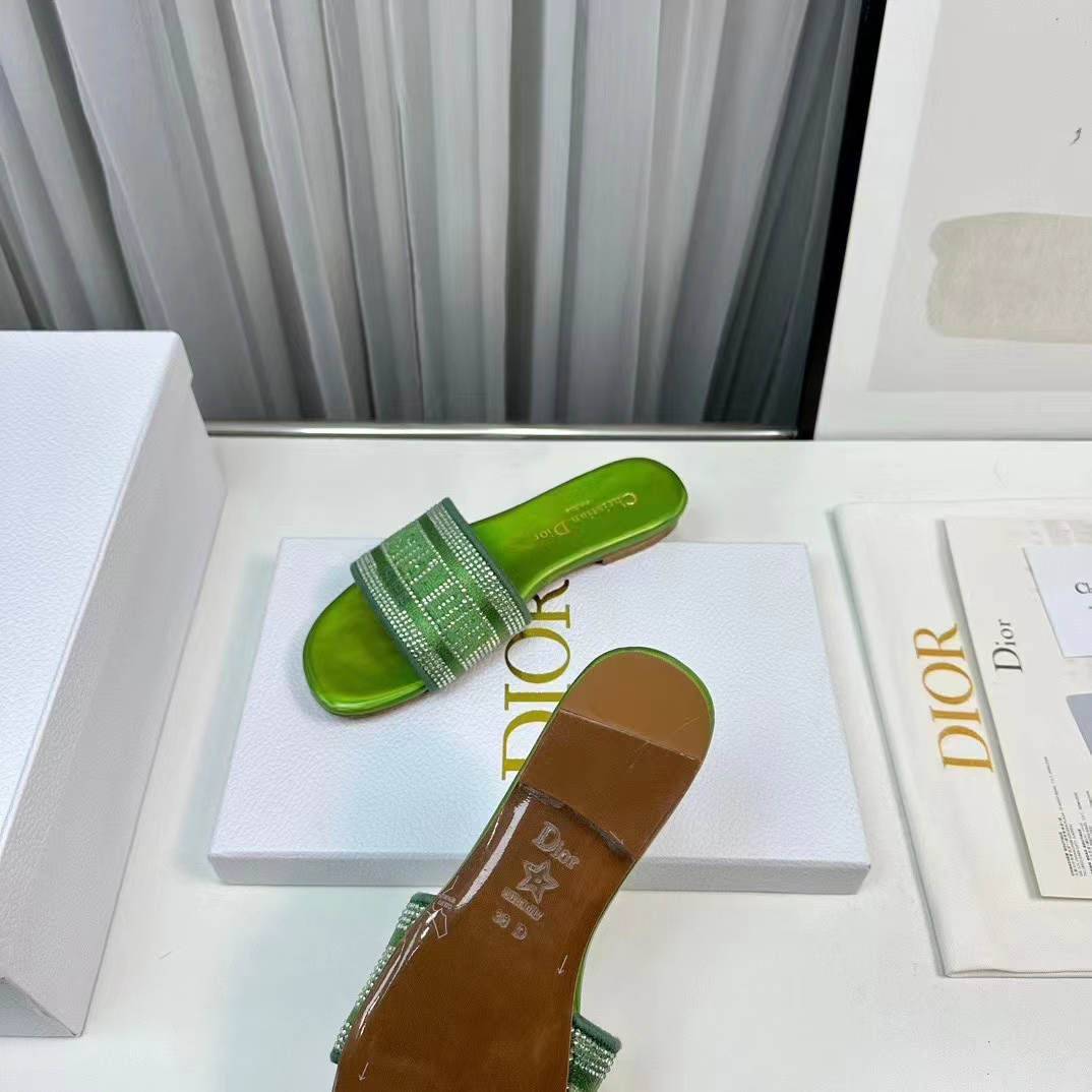 Dior Women CD Dway Slide Green Cotton Embroidered Metallic Thread Strass