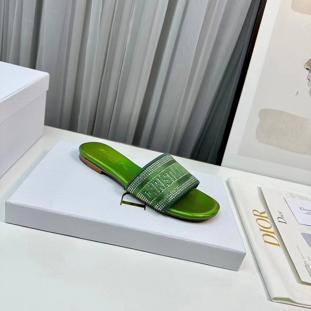 Dior Women CD Dway Slide Green Cotton Embroidered Metallic Thread Strass