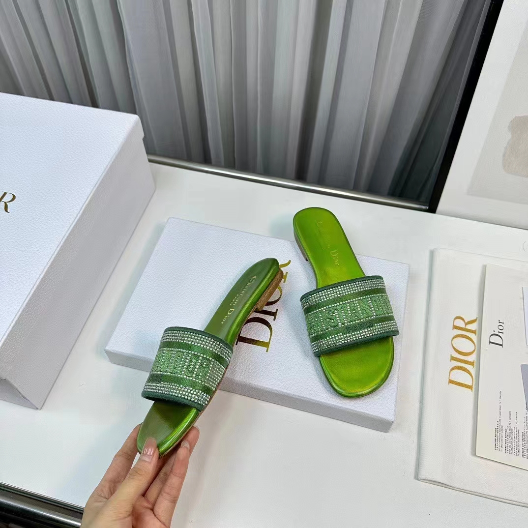 Dior Women CD Dway Slide Green Cotton Embroidered Metallic Thread Strass