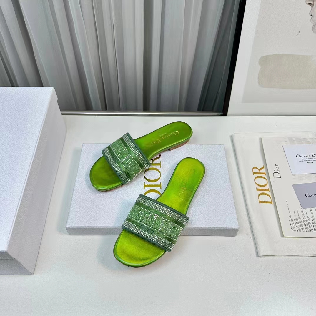 Dior Women CD Dway Slide Green Cotton Embroidered Metallic Thread Strass