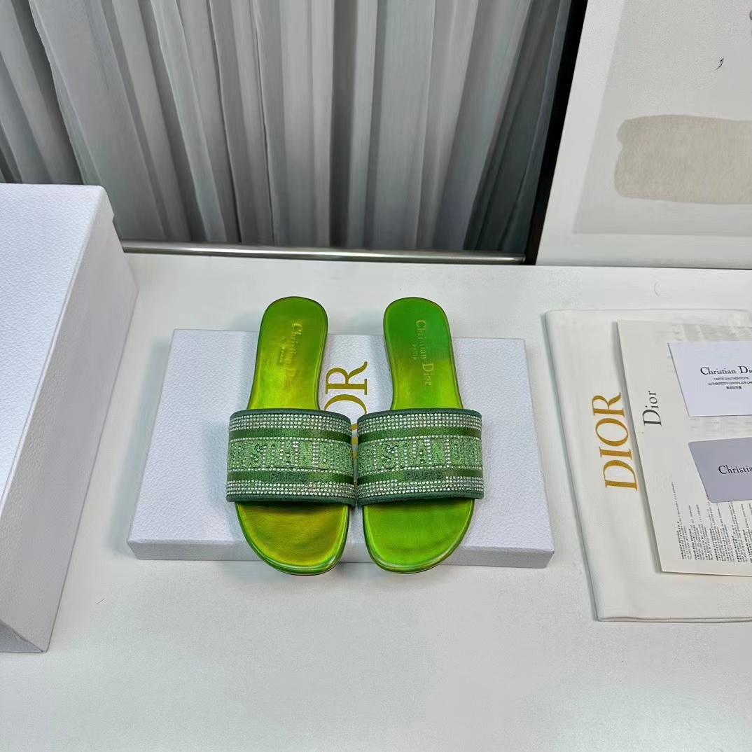 Dior Women CD Dway Slide Green Cotton Embroidered Metallic Thread Strass