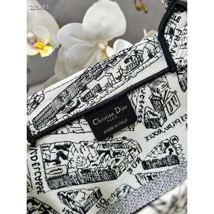 Dior Women CD Large Dior Book Tote White Black Plan De Paris Embroidery