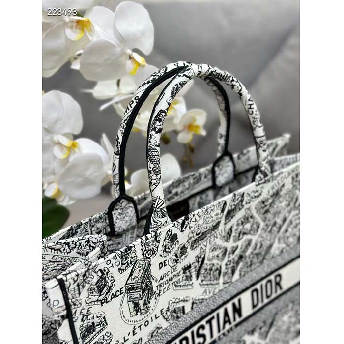 Dior Women CD Large Dior Book Tote White Black Plan De Paris Embroidery