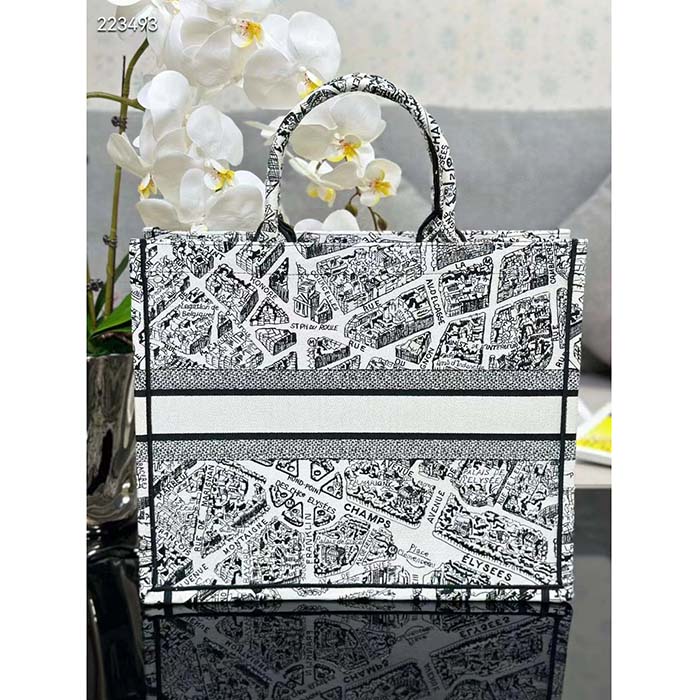 Dior Women CD Large Dior Book Tote White Black Plan De Paris Embroidery