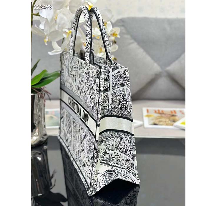 Dior Women CD Large Dior Book Tote White Black Plan De Paris Embroidery