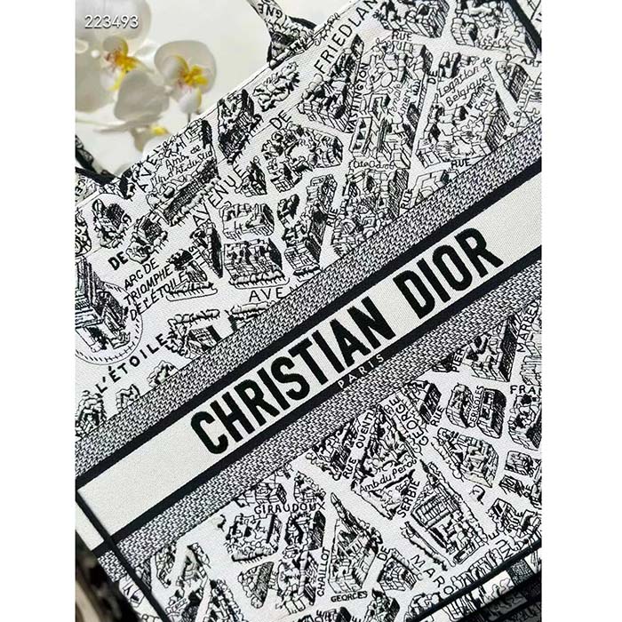 Dior Women CD Large Dior Book Tote White Black Plan De Paris Embroidery