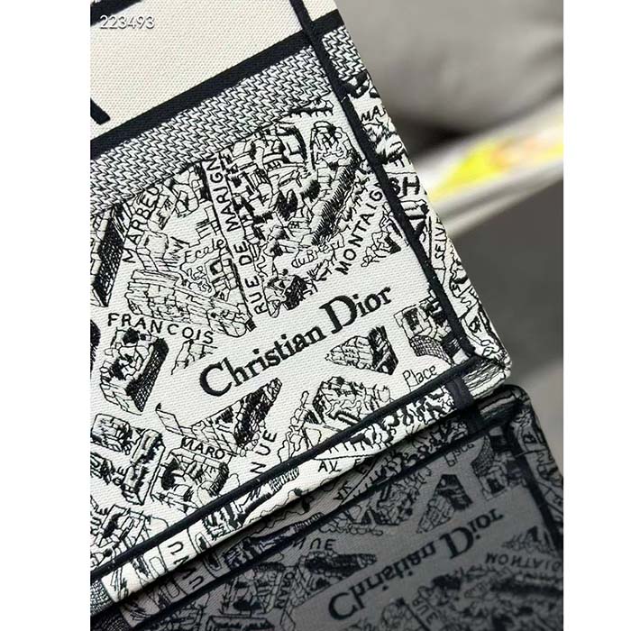 Dior Women CD Large Dior Book Tote White Black Plan De Paris Embroidery