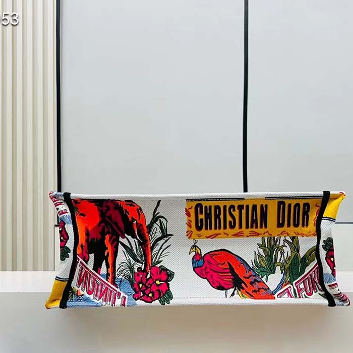 Dior Women CD Large Dior Book Tote White Multicolor Indian Animals Embroidery
