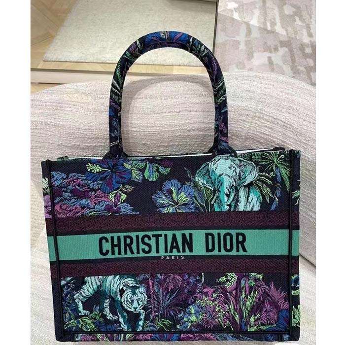 Dior Women CD Medium Book Tote Blue Multicolor Toile De Jouy Voyage Embroidery