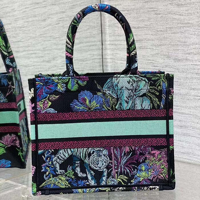 Dior Women CD Medium Book Tote Blue Multicolor Toile De Jouy Voyage Embroidery