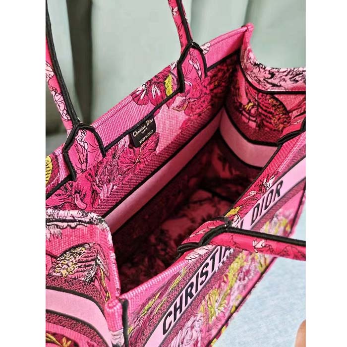 Dior Women CD Medium Book Tote Fuchsia Multicolor Toile De Jouy Voyage Embroidery