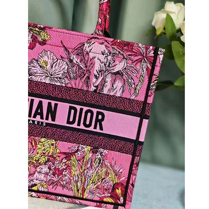 Dior Women CD Medium Book Tote Fuchsia Multicolor Toile De Jouy Voyage Embroidery