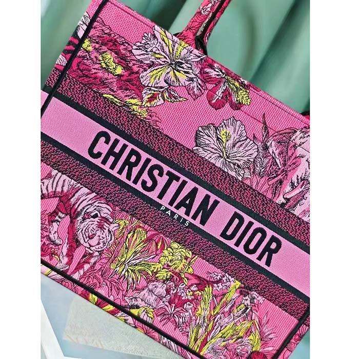 Dior Women CD Medium Book Tote Fuchsia Multicolor Toile De Jouy Voyage Embroidery