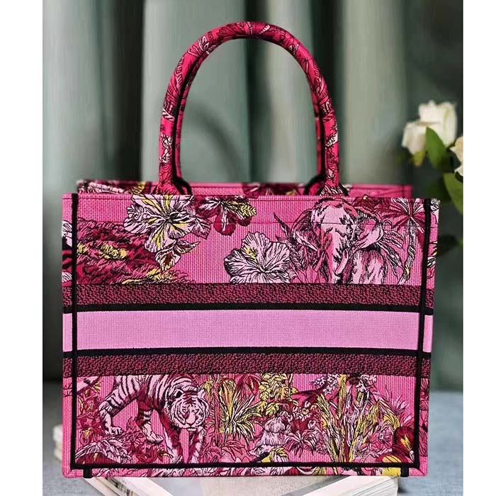 Dior Women CD Medium Book Tote Fuchsia Multicolor Toile De Jouy Voyage Embroidery